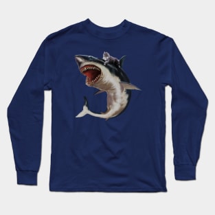 Funny Maine Coon Cat Riding Shark, Cat Lover Long Sleeve T-Shirt